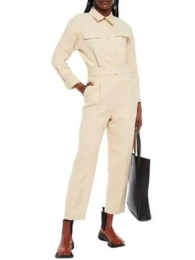 Sandro Cream Collared Utility Jumpsuit Uno Cotton Linen-Blend Twill Pockets M